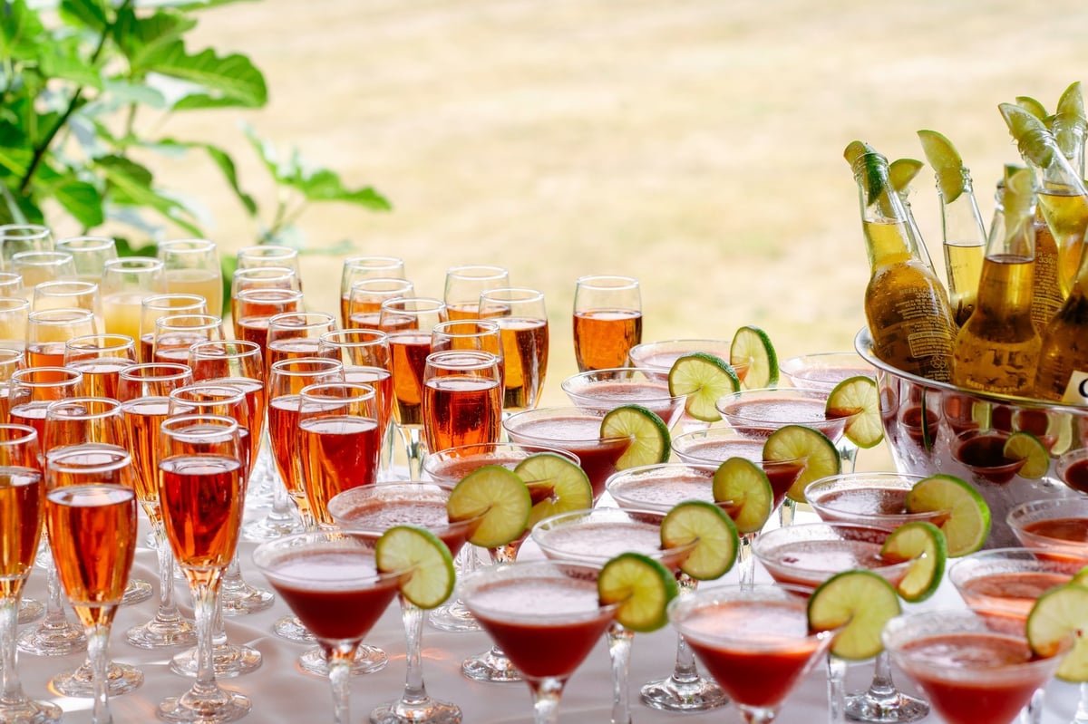 Guests enjoying drinks at a garden party reception