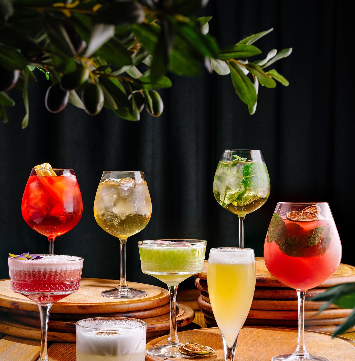 A variety of colourful cocktails served in elegant glasses at the Sip Sip bar